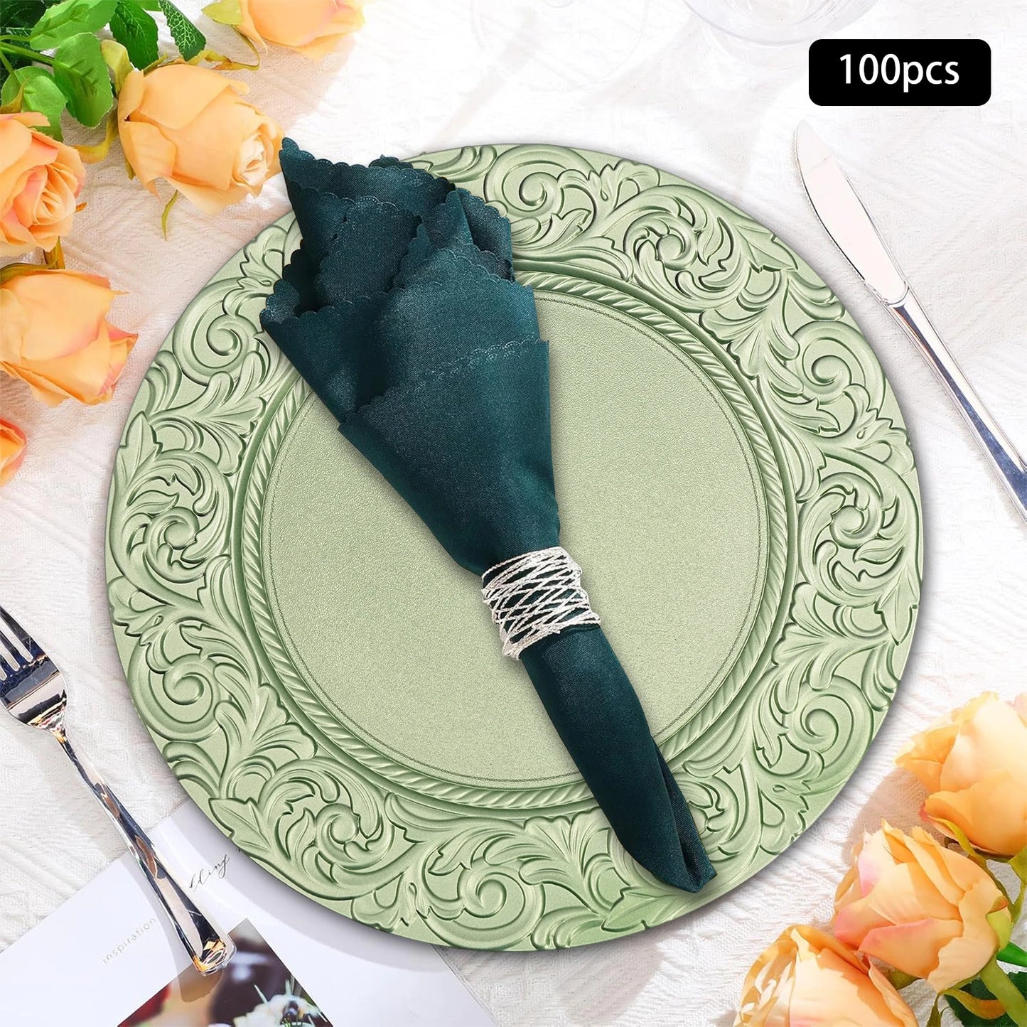 100PCS Charger Plates Set 13 inch Round Charger Plates Kitchen Dish Charger for Wedding Party Decoration Silver/Green