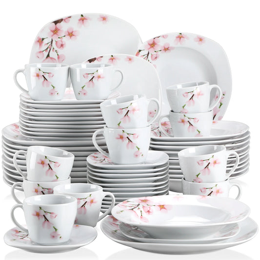 VEWEET ANNIE 60-Piece Porcelain Dinnerware Set – White Ceramic Pink Floral Plates, Bowls, Cups & Saucers for 12 People