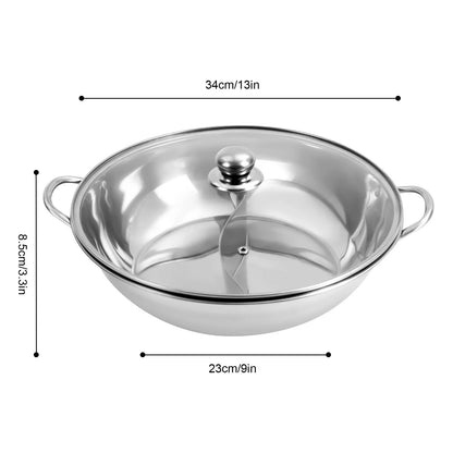 34cm Stainless Steel Shabu Shabu Hot Pot with Divider & Glass Lid – Dual-Sided Soup Pot for Family Meals & Versatile Cooking