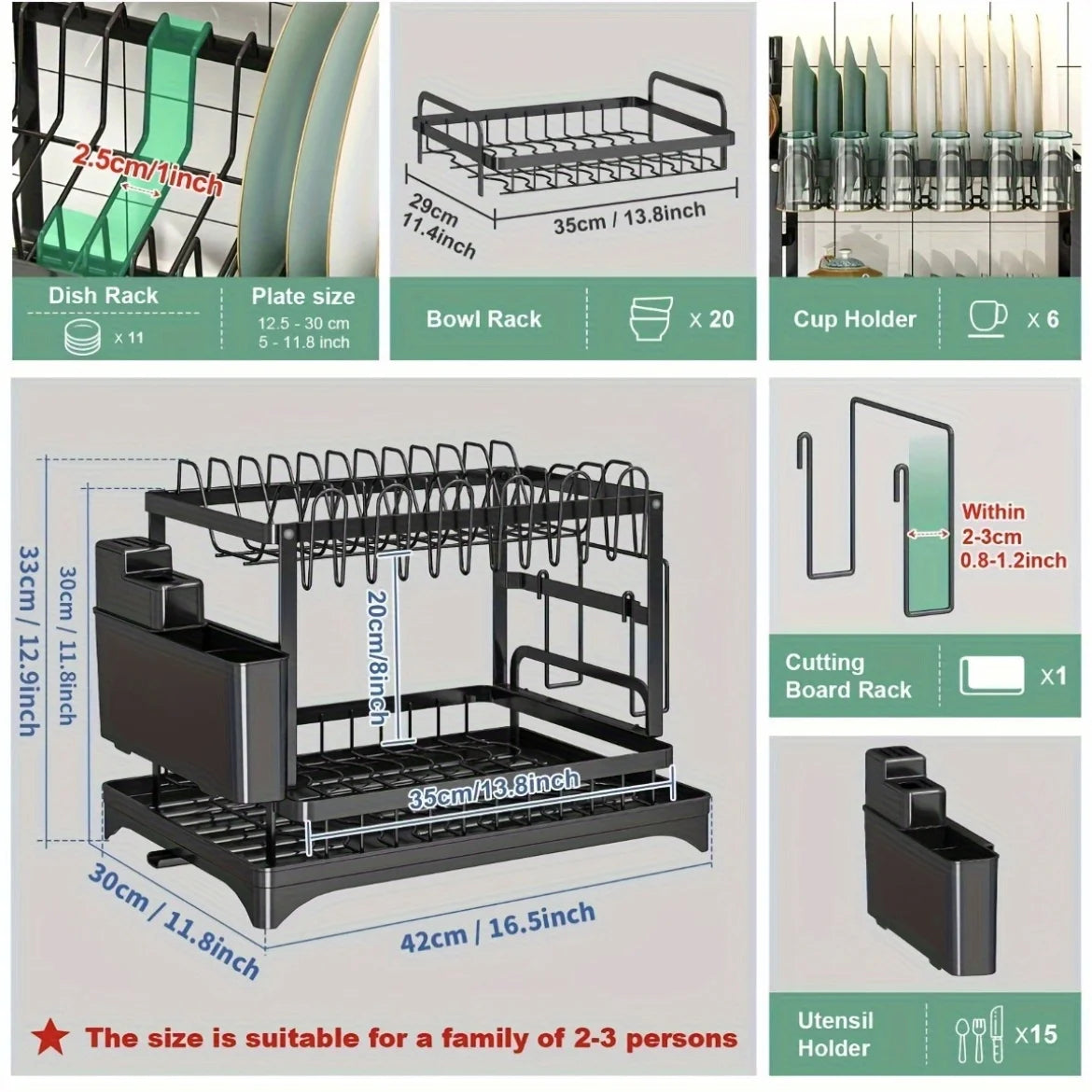 2-Tier Metal Dish Drying Rack with Drainboard – Space-Saving Counter Organizer