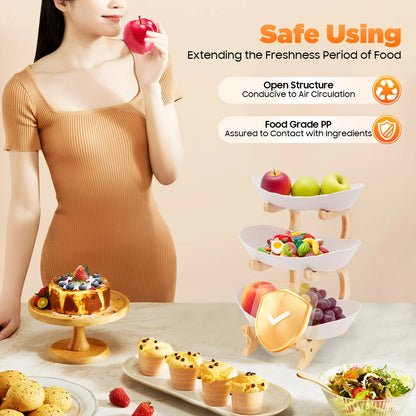 3-Tier Fruit Plate,Snack Dessert Cake Tray Plate Rack for Party Wedding,Fruit Bowl W/ Bamboo Wood Stand,Candy Dish Cake Stand