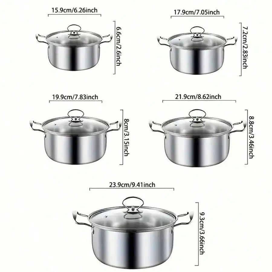 10-Piece Stainless Steel Cookware Set - Soup Pot/Frying Pan/Sauce Pan with Lids, Fit Induction/Electric/Gas Stoves