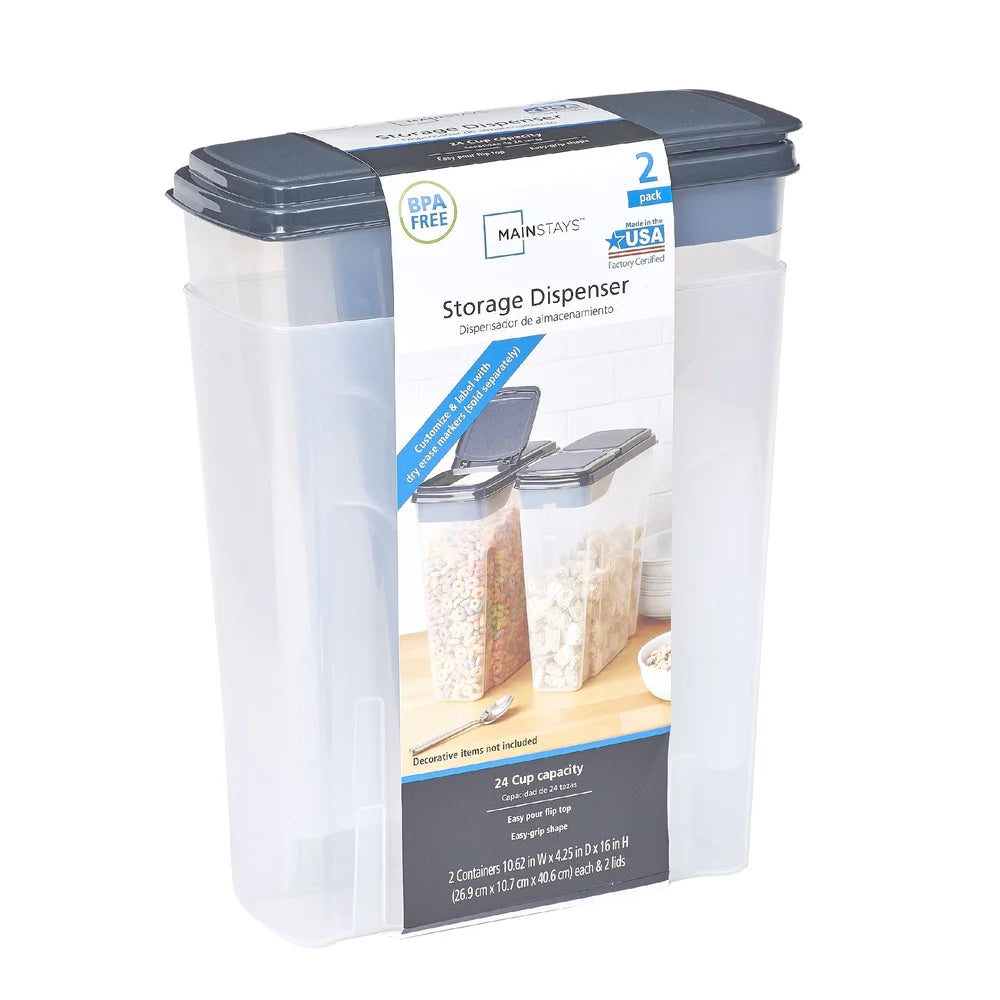 2-Pack Plastic Cereal Dispenser Containers 6 Quart Easy Grip Flip Lid Dry Food Storage Organizer