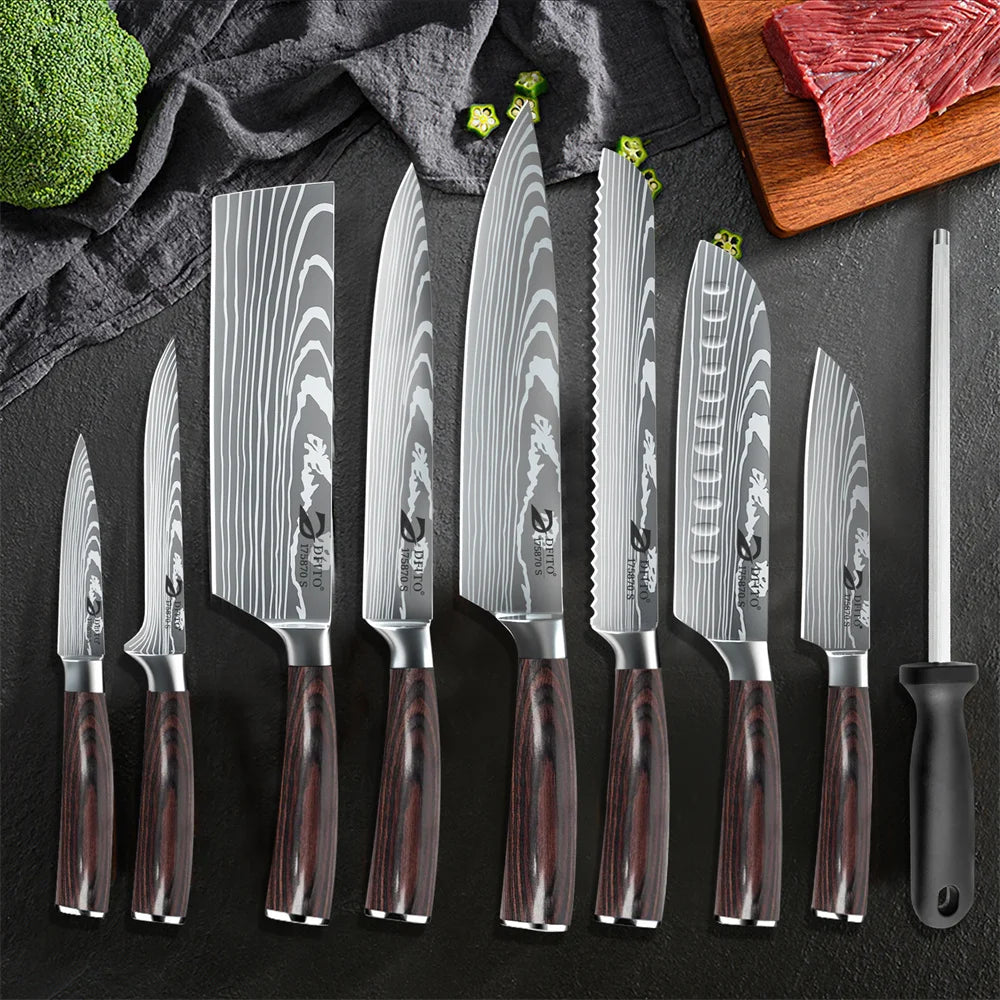 8pcs Kitchen Knife Damascus Stainless Steel Chef Knife Utility Paring Boning Cleaver Slicing Santoku Knives
