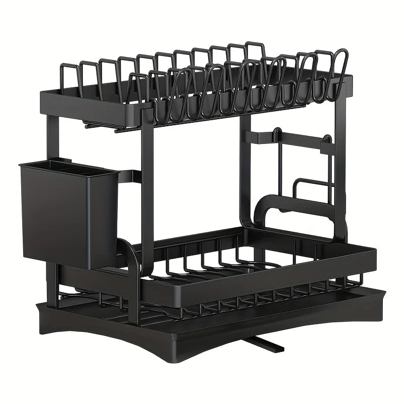 2-Tier Metal Dish Drying Rack – Black Kitchen Counter Dish Drainer with Drainboard