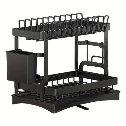 2-Tier Metal Dish Drying Rack – Black Kitchen Counter Dish Drainer with Drainboard