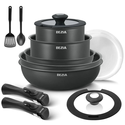 13-Piece Induction Cookware Set – Nonstick Pots and Pans with Removable Handles, Stackable Space-Saving Design for RV, Compatible with All Hobs