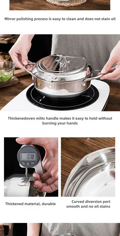 Multifunctional deep fryer with Thermometer and Oil Drip Drainer Rack Household Double Bottom Gas Induction Cooker Kitchen Tools