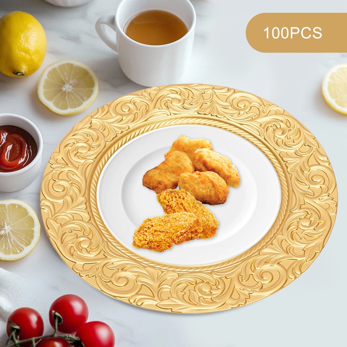 Charger Plates 100-Piece Set Round Reusable Serving Plates Gold Black Silver Green for Wedding Banquet Party Decor