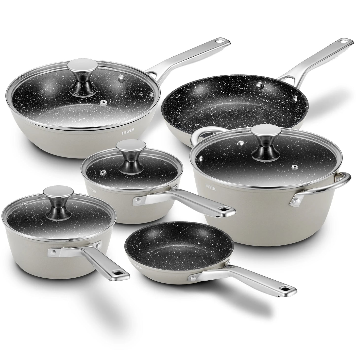 BEZIA 10-Piece Induction Cookware Set – Nonstick Pots and Pans for All Stoves, Durable Nonstick Kitchen Set for Induction Cooktops