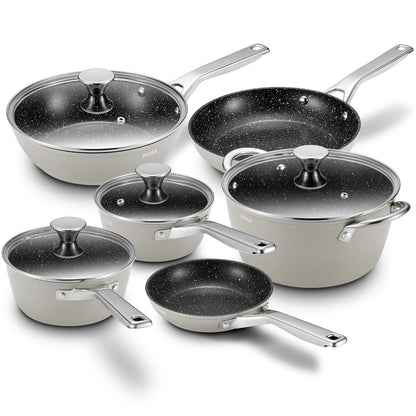 BEZIA 10-Piece Induction Cookware Set – Nonstick Pots and Pans for All Stoves, Durable Nonstick Kitchen Set for Induction Cooktops