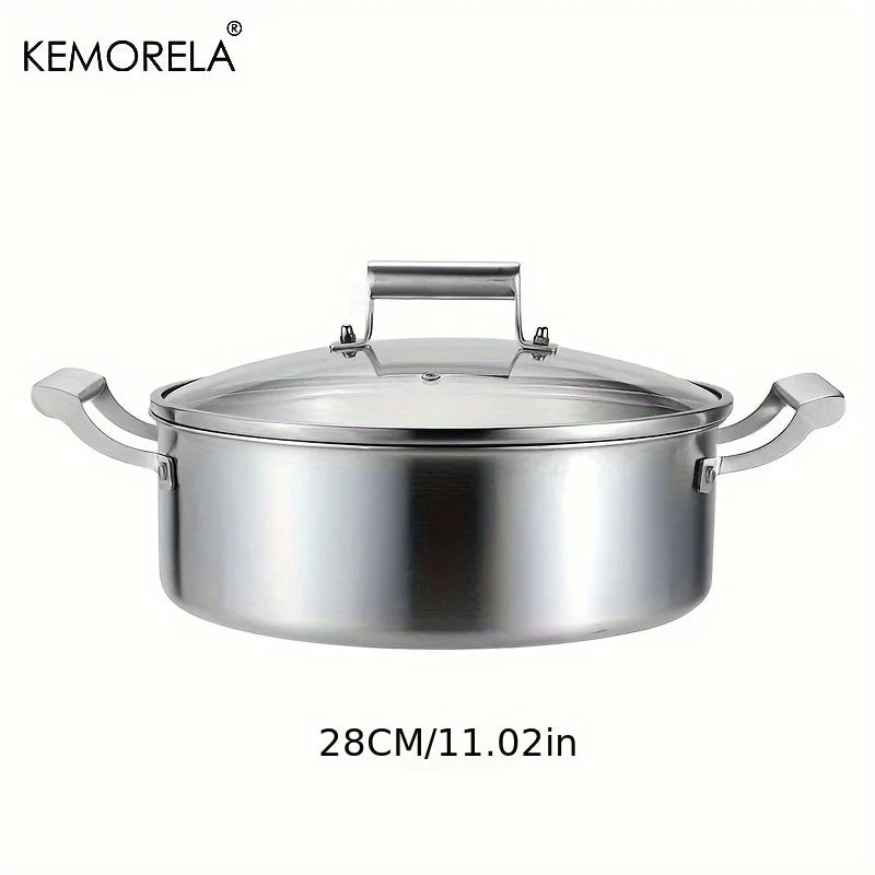 KEMORELA 304 Stainless Steel Hot Pot - German Five-Layer Steel European Style Double Handle Soup Pot with Glass Lid, for Home