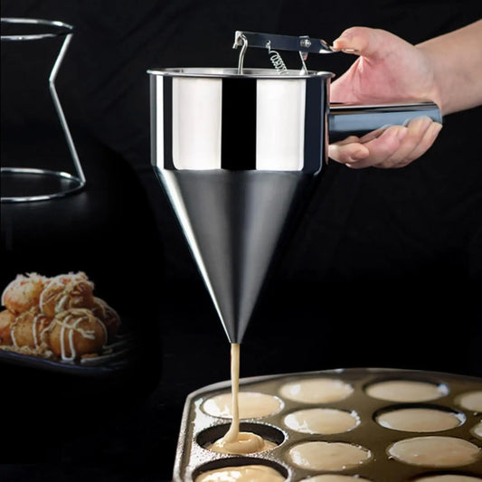 Stainless Steel Pancake Batter Dispenser with Stand – Multi-Caliber Funnel Cake Dispenser with 4 Nozzles for Cupcakes, Waffles & Baked Goods