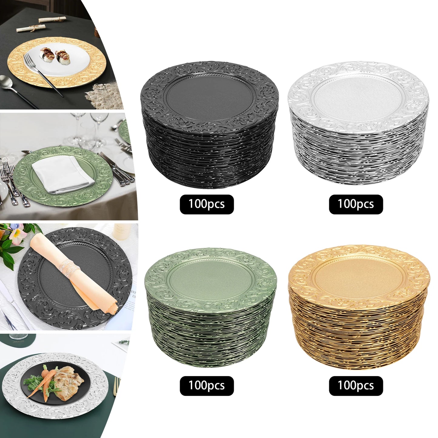 Charger Plates 100-Piece Set Round Reusable Serving Plates Gold Black Silver Green for Wedding Banquet Party Decor