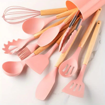 12pcs Silicone Cooking Utensil Set – Multi-Color, Heat-Resistant Kitchen Tools with Wooden Handles, Non-Stick Spatulas & Spoons