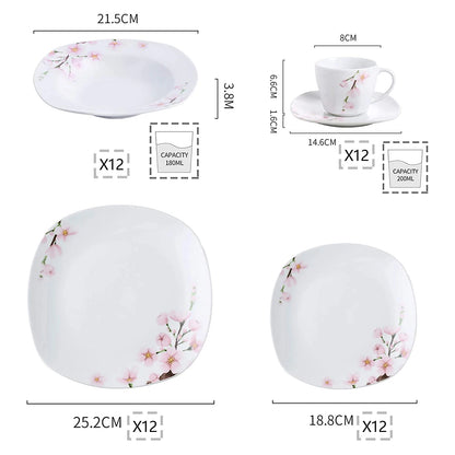 VEWEET ANNIE 60-Piece Porcelain Dinnerware Set – White Ceramic Pink Floral Plates, Bowls, Cups & Saucers for 12 People