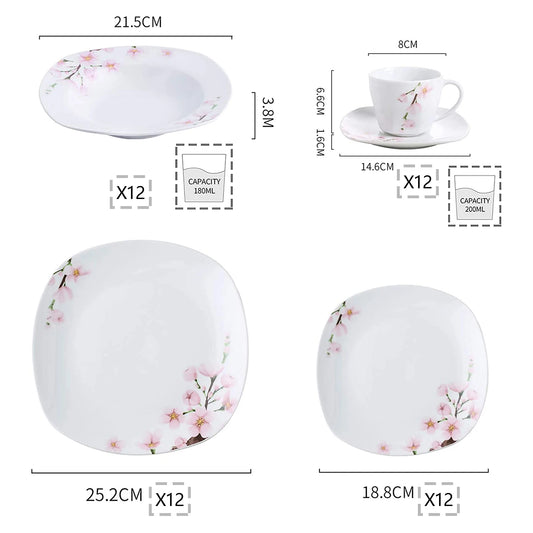 VEWEET ANNIE 60-Piece Porcelain Dinnerware Set – White Ceramic Pink Floral Plates, Bowls, Cups & Saucers for 12 People