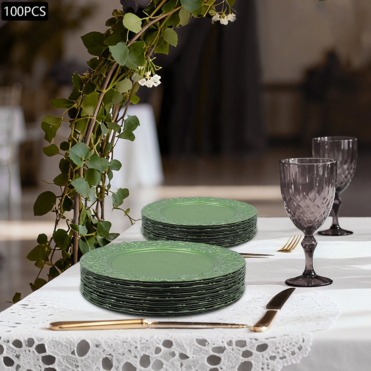 Charger Plates 100-Piece Set Round Reusable Serving Plates Gold Black Silver Green for Wedding Banquet Party Decor