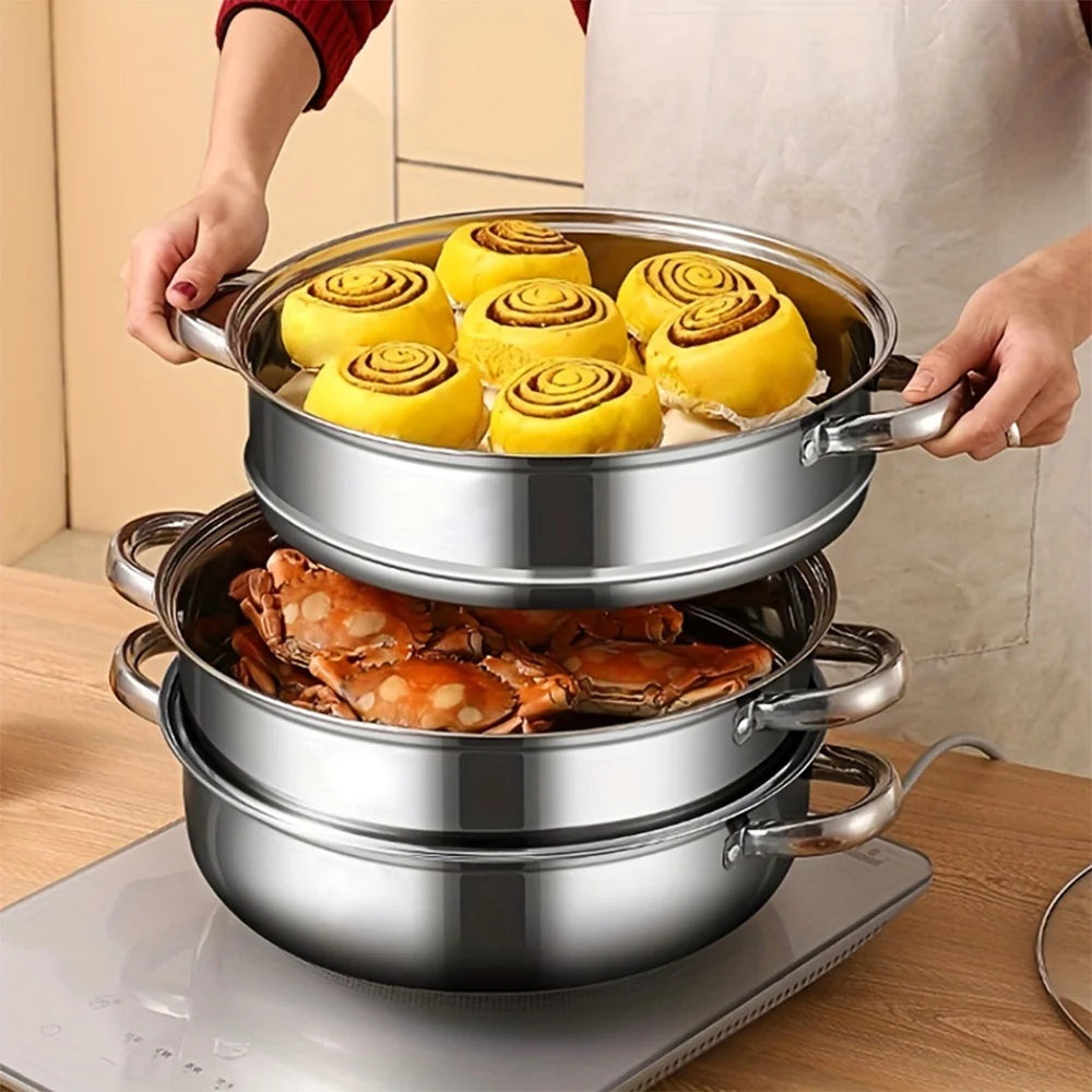 5PCS Stainless Steel Double & Triple Layer Steamer Soup Pot – 2-in-1 Multifunctional Cooking Set