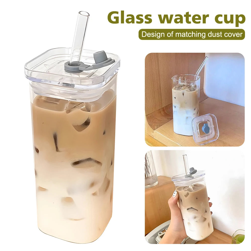2Pcs Transparent Square Glass Cup with Lid and Straw Creative Hot and Cold Drink Glass Cup Home Bar Milk Juice Mug
