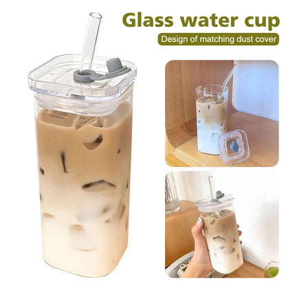 2Pcs Transparent Square Glass Cup with Lid and Straw Creative Hot and Cold Drink Glass Cup Home Bar Milk Juice Mug