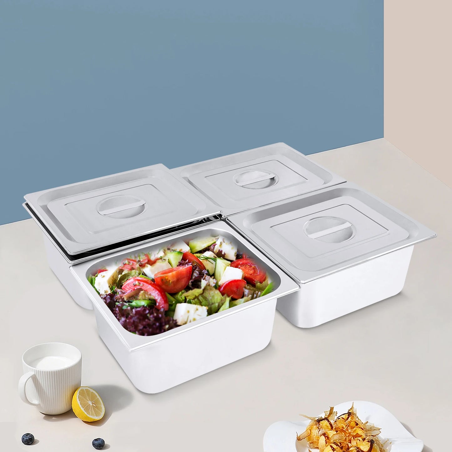 Stainless Steel Steam Table Pans, 7L Capacity, 6in Depth, Set of 4 with Lid for Food Display and Protection