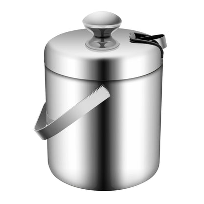 1.3L Portable Double-Walled Ice Bucket with Tongs Lid Stainless Steel Ice Cube Container For Wine/Drinking/Beer Cooler