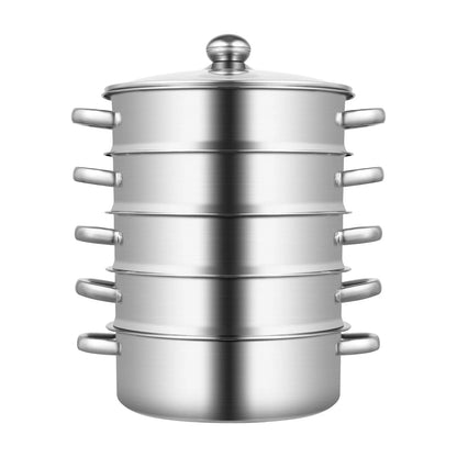 5-Tier Stainless Steel Steamer 15kg  Adjustable Grids Glass Lid for Home Kitchen Restaurant Dormitory Cooking