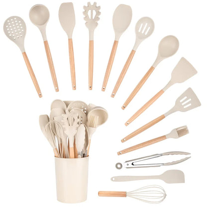 14pcs Kitchen Cooking Utensil Set with Caddy Heat Resistant Silicone Tools Non Stick Cookware Food Safe BPA Free Dishwasher Safe