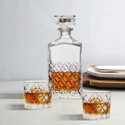 Diamond Cut Clear Glass Decanter and DOF Set 3 Pack 32oz Decanter 8oz Old Fashioned Glasses Durable Dishwasher Safe