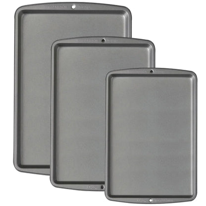 Non-Stick Cookie Sheet Pan Bakeware Set 3-Piece Durable Carbon Steel Baking Trays Dishwasher Safe Oven Safe Heat Resistant Easy