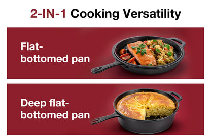 Dutch Oven & Skillet Combo，Preseasoned Cast Iron Cookware Set，2-In-1 Multi Cooker - Deep Pot + Frying Pan，Works for Bread, Indoo