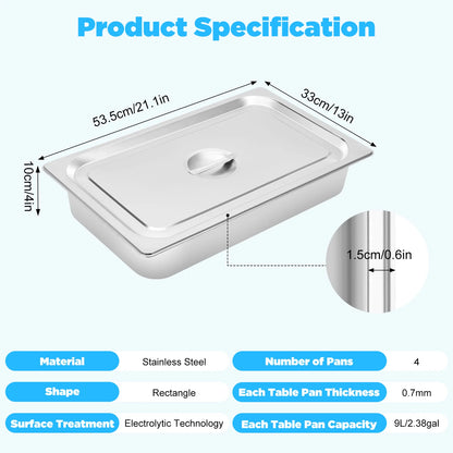 4 Pcs Table Pans with Lids Buffet Chafing Dishes Stainless Steel Food Container for Commercial and Personal