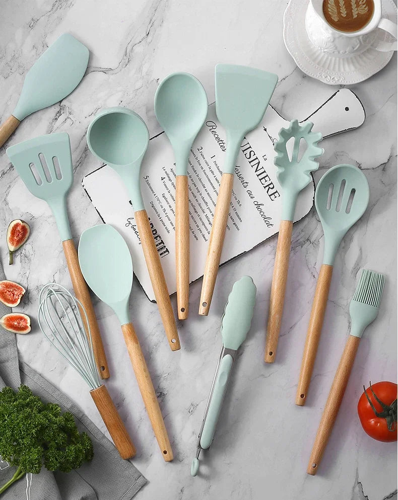 12pcs Silicone Cooking Utensil Set – Multi-Color, Heat-Resistant Kitchenware with Wooden Handles, Non-Stick Spatulas & Spoons