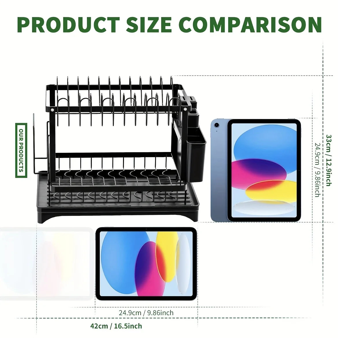 2-Tier Metal Dish Drying Rack with Drainboard – Space-Saving Counter Organizer