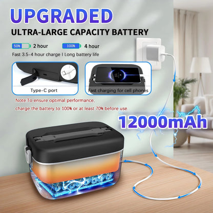 12000 mAh Wireless Lunch Box Portable Food Heater with Five-Sided Heating, Automatic Temperature Control, and Leak-Proof