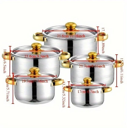 5-Piece Golden Stainless Steel Cookware Set - Durable, Multi-Purpose, Easy to Clean, Compatible with All Stoves, Non-Stick,