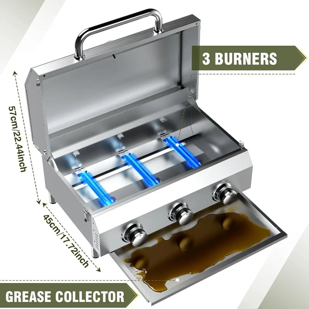 Portable 3-Burner Propane Gas Grill – 30,000 BTU with Durable Grates & Steel Controls