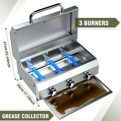 Portable Propane Gas Grill with 3 Burners, 30,000 BTU, Durable Thick Grates and Stainless Steel Controls