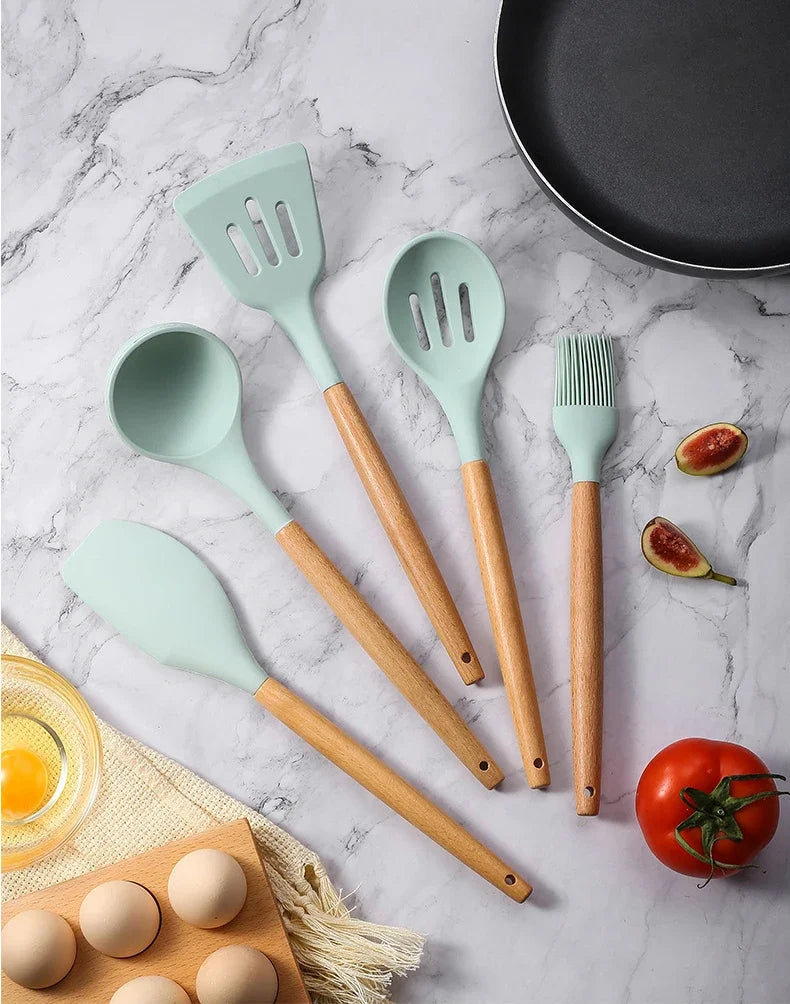 12pcs Silicone Cooking Utensil Set – Multi-Color, Heat-Resistant Kitchenware with Wooden Handles, Non-Stick Spatulas & Spoons