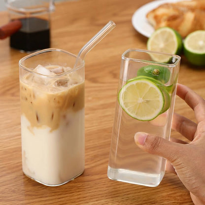 2Pcs Transparent Square Glass Cup with Lid and Straw Creative Hot and Cold Drink Glass Cup Home Bar Milk Juice Mug