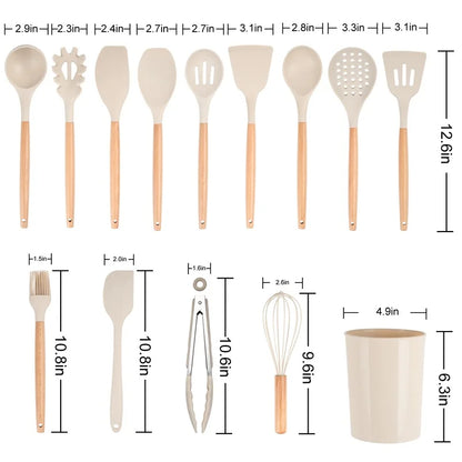 14pcs Kitchen Cooking Utensil Set with Caddy Heat Resistant Silicone Tools Non Stick Cookware Food Safe BPA Free Dishwasher Safe