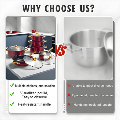 12-Piece Red Stainless Steel Cookware Set – Non-Stick Pots & Pans, Stylish Kitchen Cookware Collection for a Complete Cooking Solution