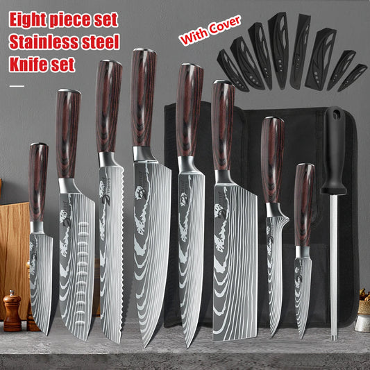 KEPEAK Kitchen Knife Set 7Cr17Mov Stainless Steel Chef Knife Ultra Sharp Santoku Cleaver Utility Knife Cooking Knives Nylon Bag