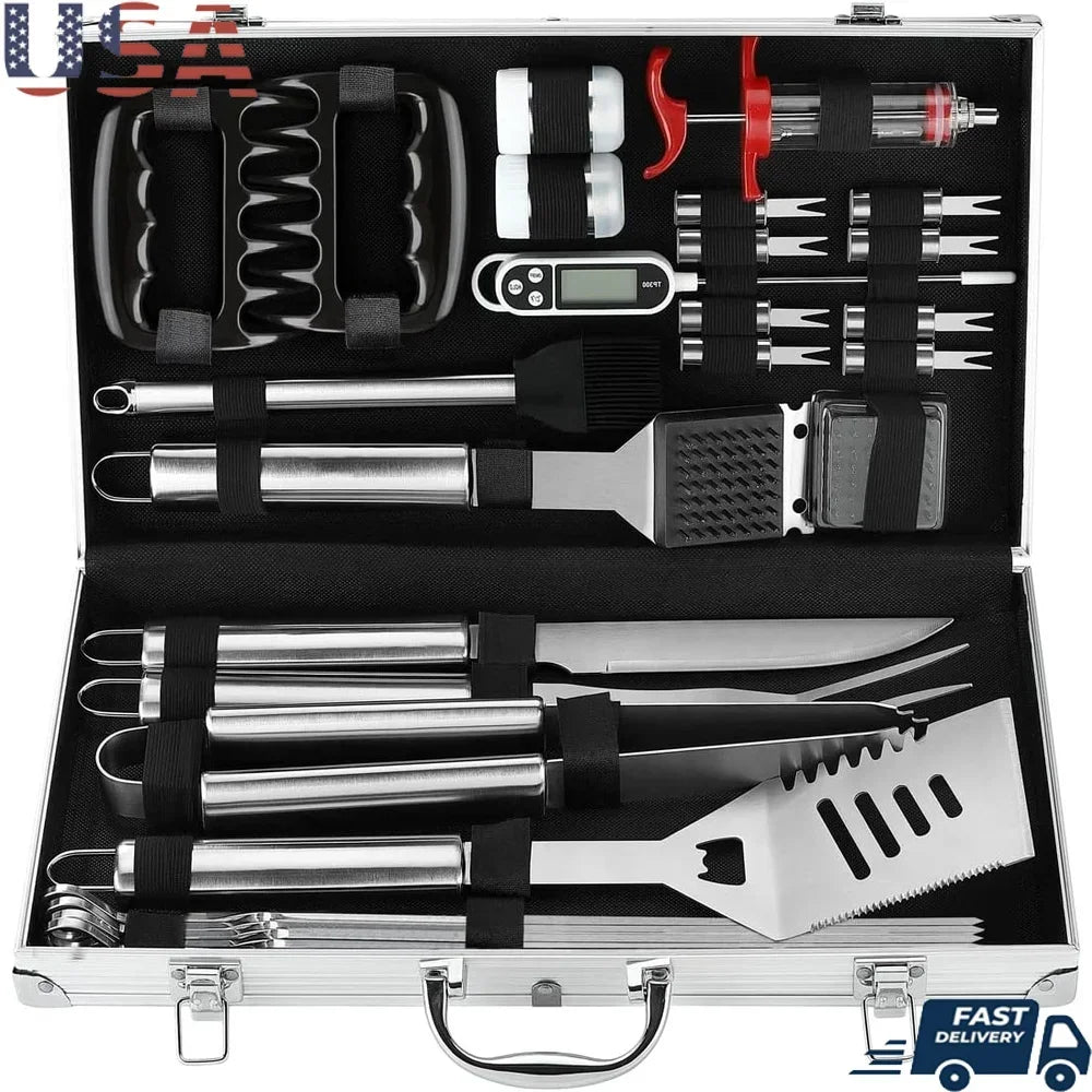 26PC BBQ Grill Accessories Set Stainless Steel Tools Aluminum Case Grilling Utensils Gift Birthday Christmas Parties