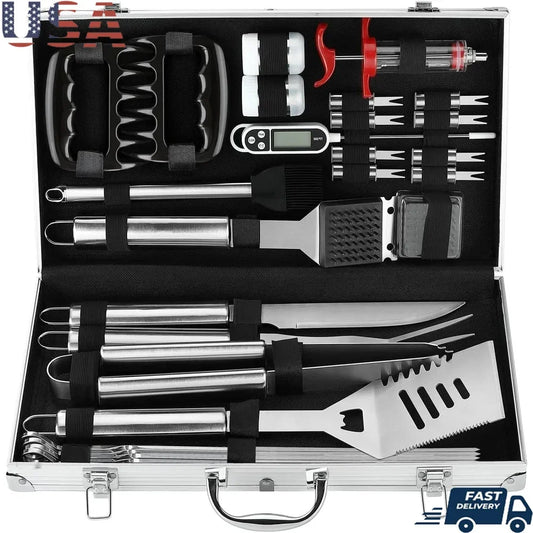26PC BBQ Grill Accessories Set Stainless Steel Tools Aluminum Case Grilling Utensils Gift Birthday Christmas Parties