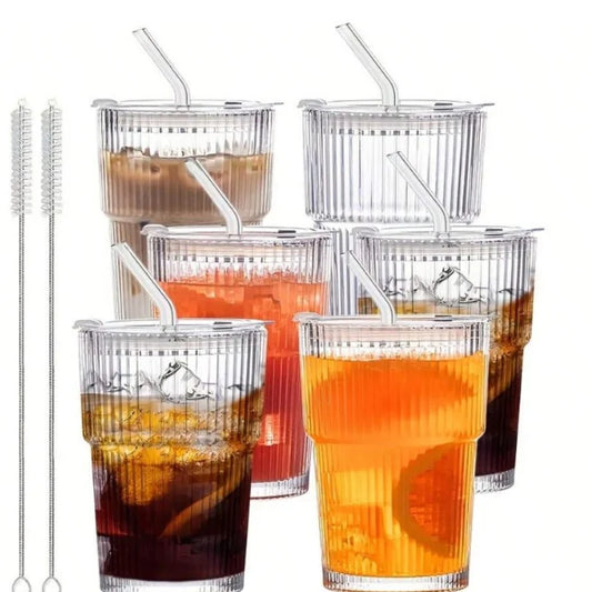 6-Piece Ribbed Vintage Glassware Set – 13.5oz Vertical Stripe Drinking Glasses