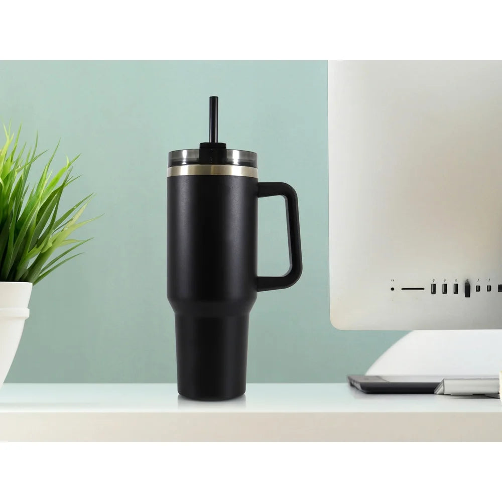 40oz Stainless Steel Tumbler with Handle & Straw – Double-Wall Insulated
