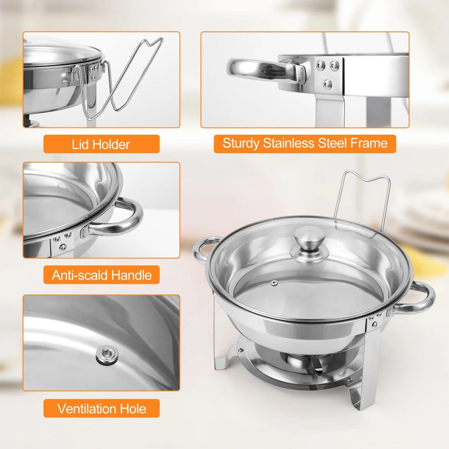 2/4 Pack Chafing Dish Buffet Set, 5QT Buffet Servers and Warmers, Round Catering Warmer with Glass Lid & Lid Holder for Party