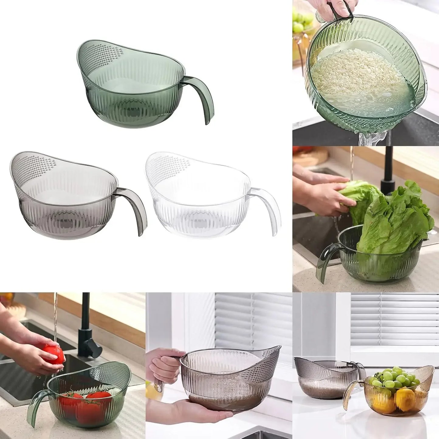 Functional Rice Washing Colander – Efficient Draining Bowl & Sink Basket for Rinsing Rice, Grains, Fruits & Vegetables (PET Material)